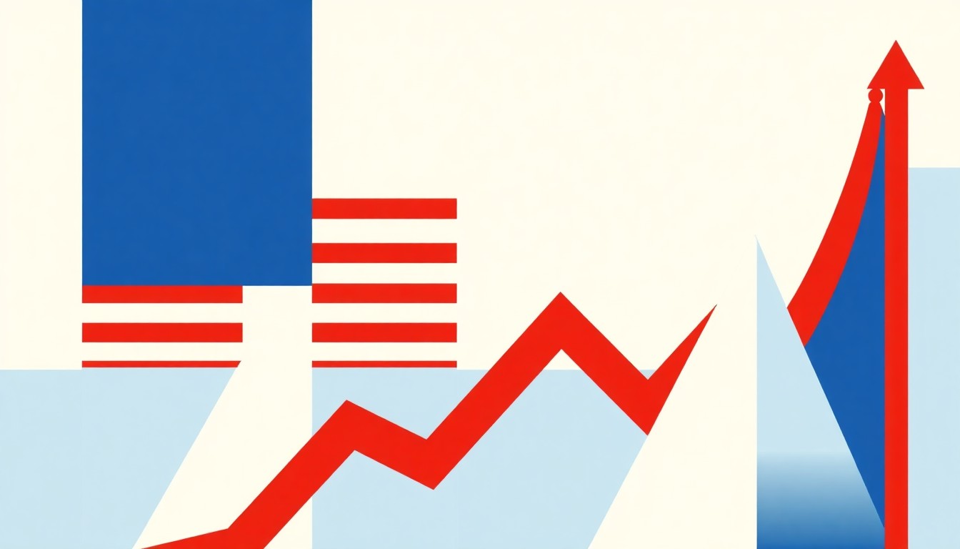 A dynamic abstract composition of overlapping triangles and rectangles in shades of blue, red, and yellow, conveying the complex interplay of economic growth and geopolitical risk.