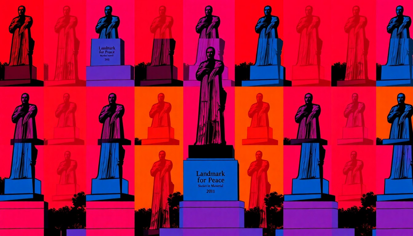 A bold, abstract silkscreen print featuring the iconic Landmark for Peace memorial statue repeated in a grid of bright, neon-colored shapes and heavy black outlines, conceptually representing the park's role in honoring the legacies of Dr. King and Robert F. Kennedy.