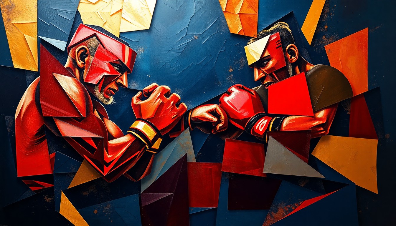 A fractured, cubist-style painting depicting a boxer in motion, with their body broken down into sharp, overlapping geometric shapes in deep navy, crimson red, and metallic gold, conceptually representing the pressure and scrutiny Jimuel Pacquiao faces as the son of a legendary fighter.