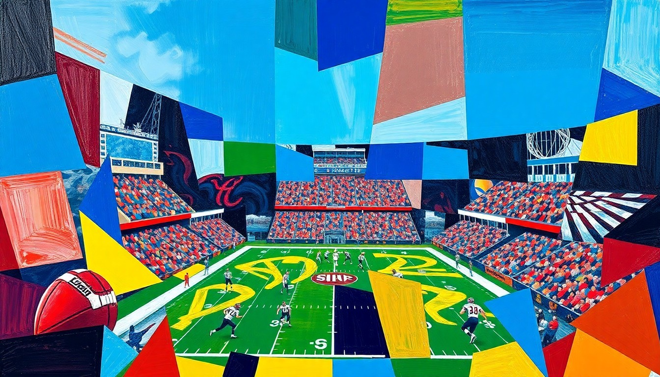 A fragmented, cubist-style painting depicting a college football game broken down into overlapping geometric shapes and planes in vibrant colors, representing the analytical deconstruction of team strengths and weaknesses.