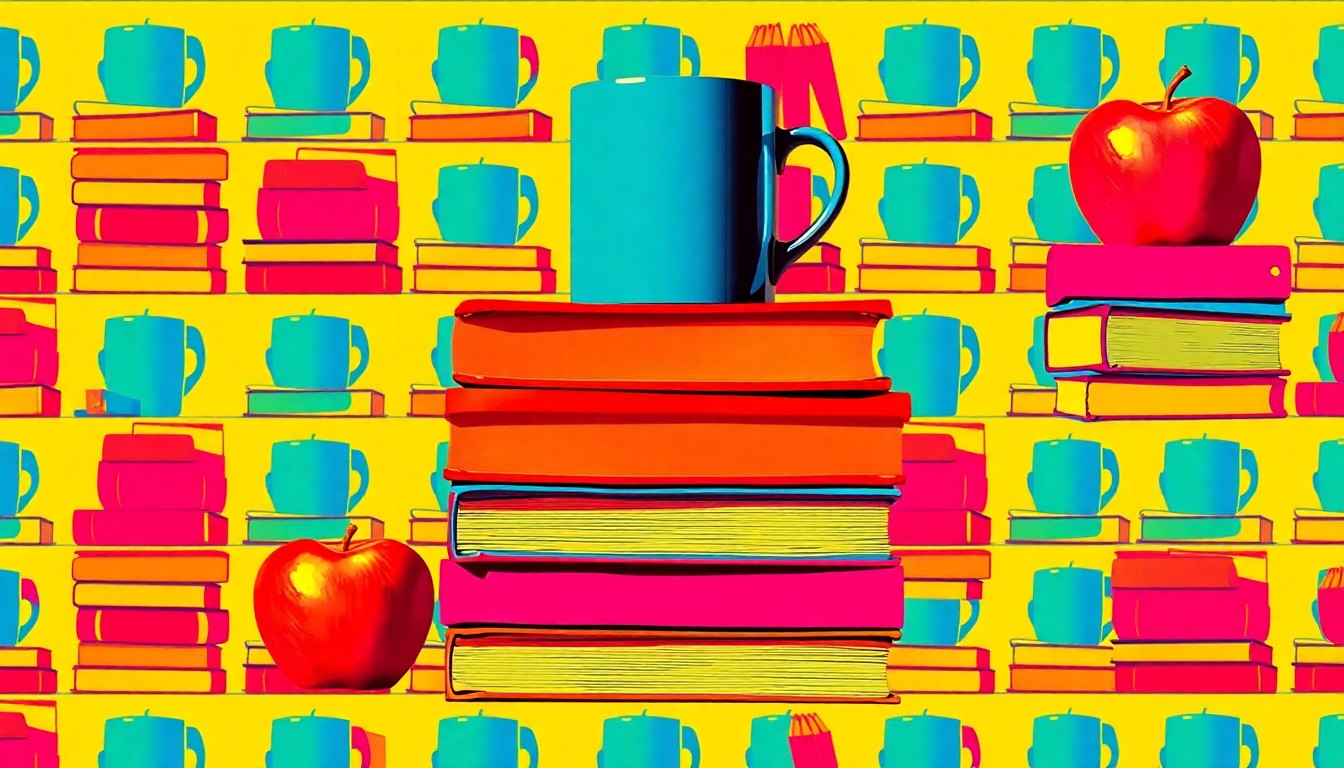 A vibrant, high-contrast silkscreen print featuring a repeating grid of everyday school objects like textbooks, a coffee mug, and an apple, rendered in a bold, neon color palette that captures the celebratory spirit of the employee bonuses.