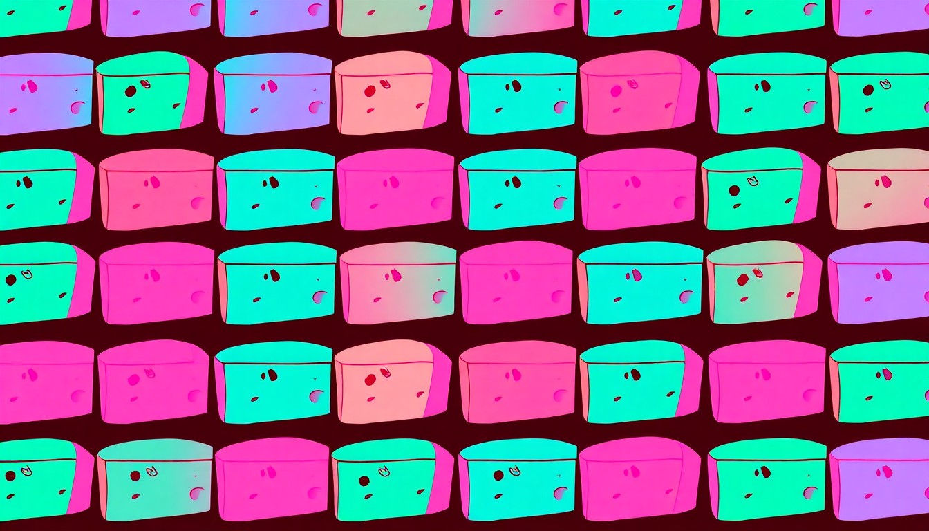 A vibrant, high-contrast silkscreen print of a single wedge of cheese repeated in a grid pattern, conceptually representing the artistry and creativity behind The Board Room Atlanta's luxury charcuterie offerings.