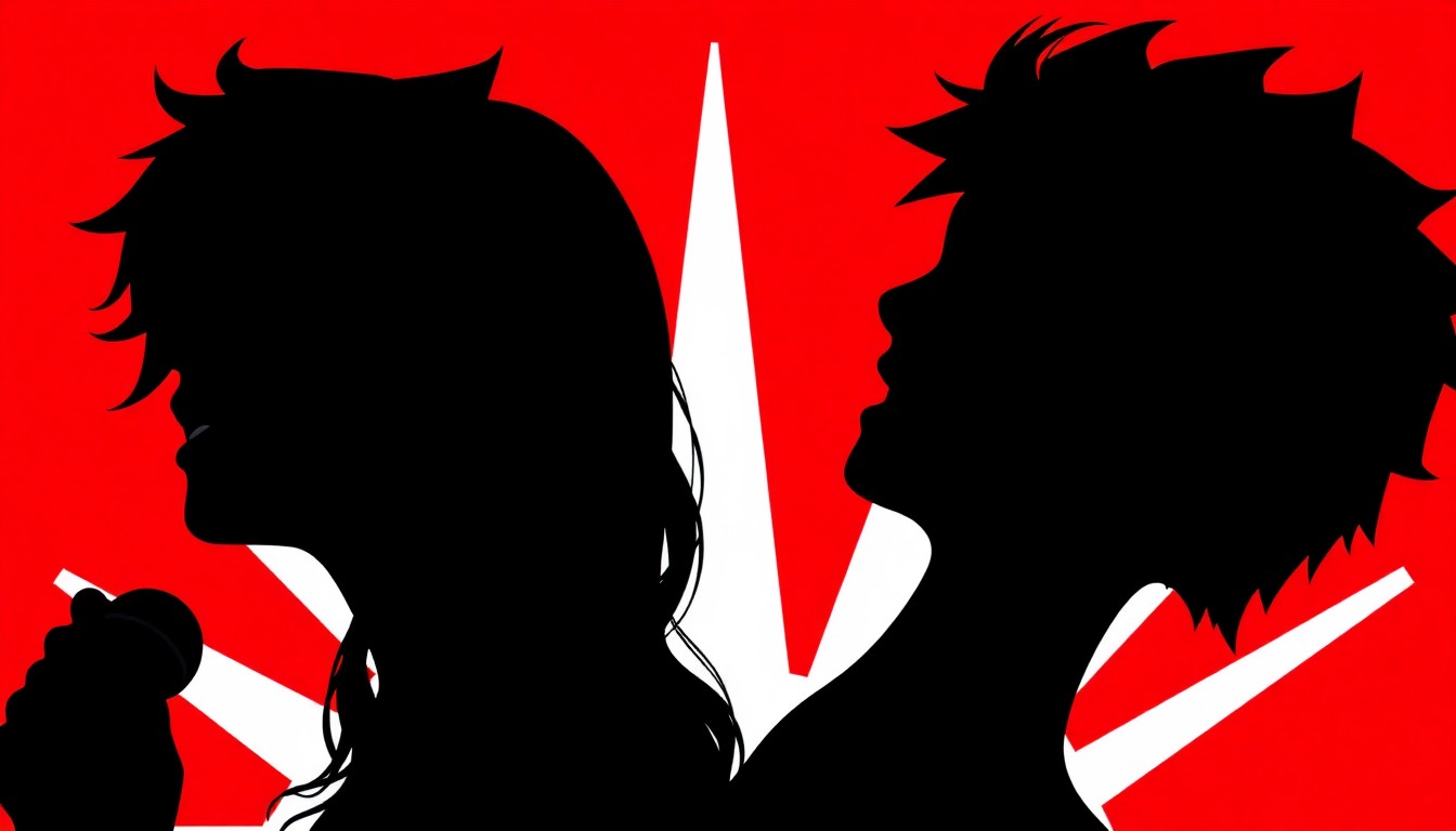 An abstract illustration featuring three black silhouettes of young singers against a high-contrast red and white background, conceptually representing the collaborative youth choral performance.