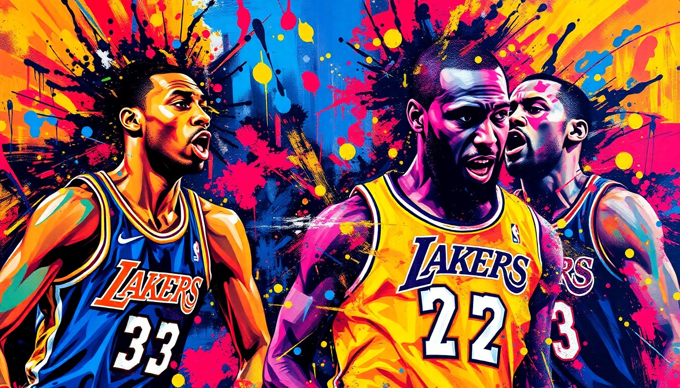 An abstract, expressionist painting in vibrant neon colors, with rapid brushstrokes and distorted, unrecognizable figures representing the players, conveying the intensity and emotion of the Lakers' lopsided defeat against the Thunder.