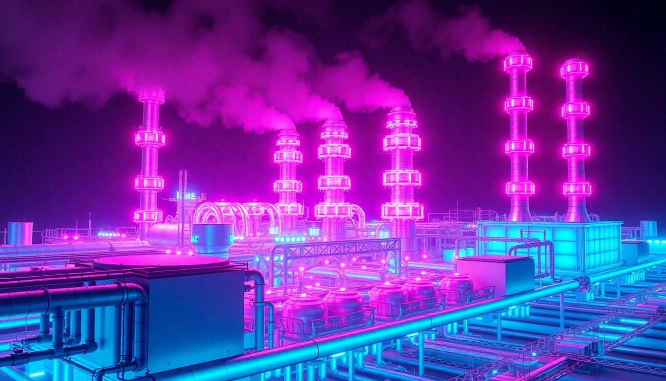 A highly detailed, 3D illustration of a glowing, futuristic natural gas power plant infrastructure with neon cyan and magenta lights, conceptually representing the tech industry's growing reliance on natural gas to fuel its AI data centers.