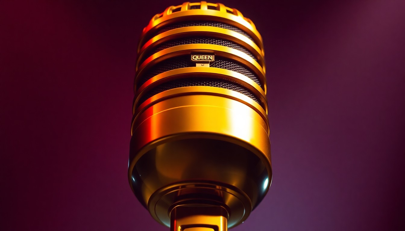 An extreme close-up photograph of a gold-plated microphone, its surface reflecting dramatic studio lighting to create a high-contrast, abstract, and glamorous texture evoking the legendary performances of Queen.