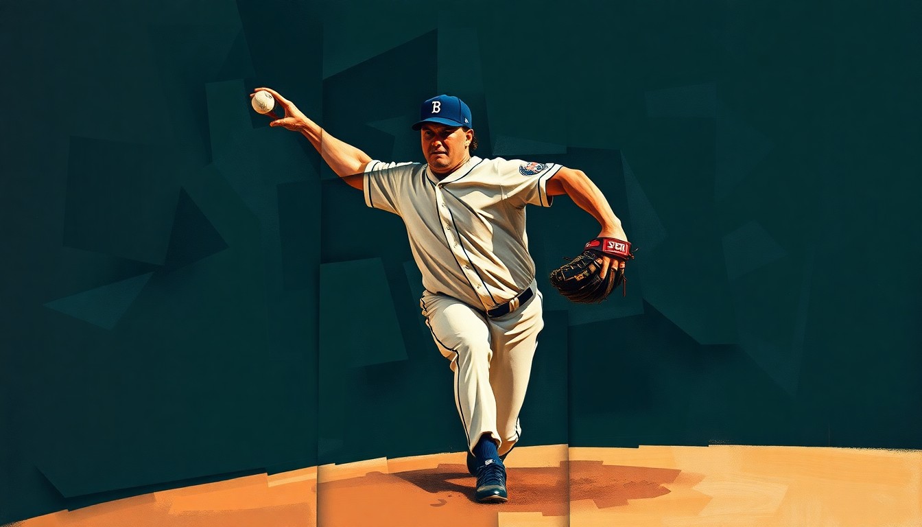 A fractured, geometric painting depicting a baseball pitcher's throwing motion broken down into sharp, overlapping planes of navy, green, and brown, conveying the disruption caused by the Royals' bullpen injuries.