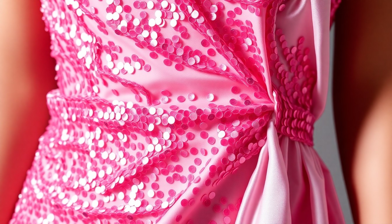 An abstract close-up photograph of shimmering pink sequins and crinkled white silk, capturing the luxurious textures and high-contrast lighting of a high-fashion garment.