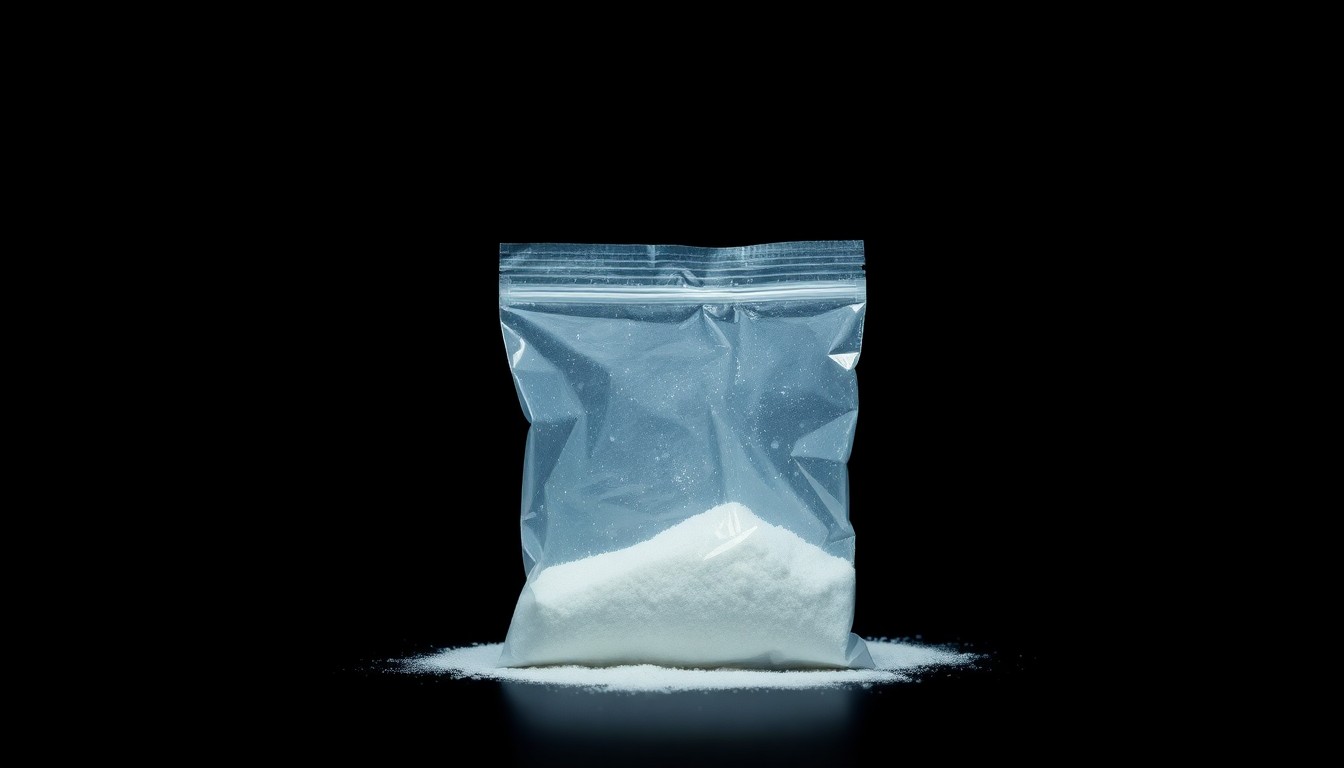An extreme close-up of a small plastic bag containing a white crystalline powder, dramatically lit by a harsh camera flash against a pitch-black background, conceptually representing the evidence seized in a drug-related arrest.