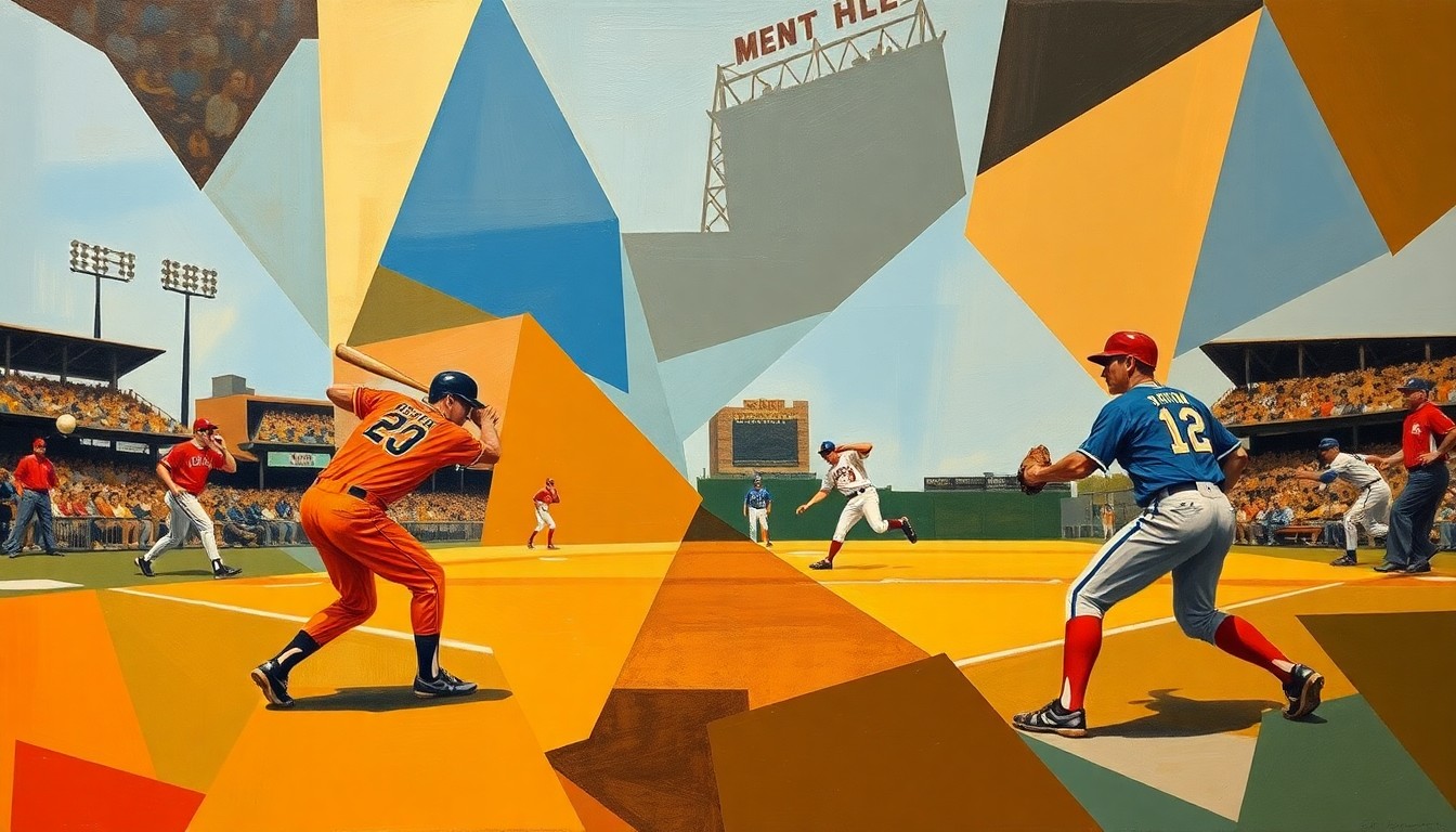 A cubist, geometric painting depicting an abstracted baseball game, with angular, overlapping shapes in shades of orange, brown, and blue representing the players and action on the field.