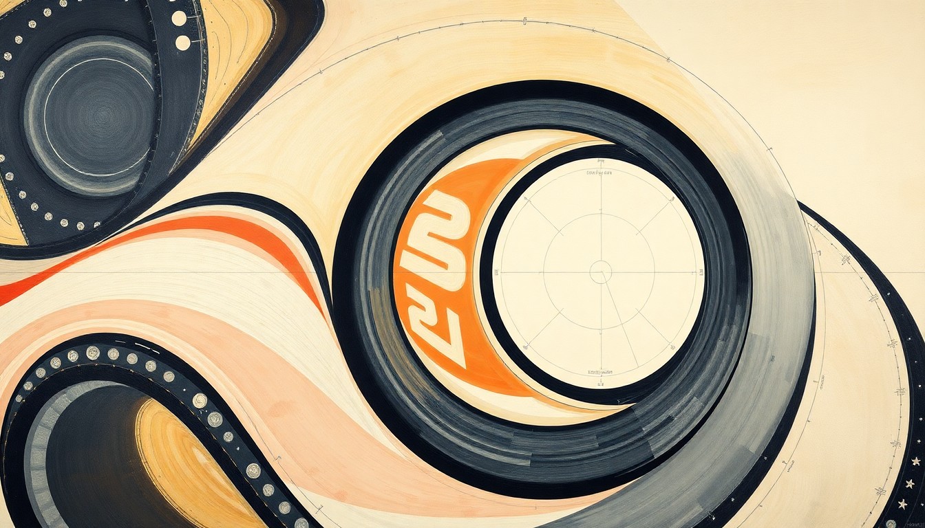 A highly structured abstract painting in soft blues, grays, and metallic tones, featuring sweeping geometric arcs, intersecting waveforms, and precise mechanical spirals, conceptually representing the technical precision and innovative spirit of Oklahoma's aerospace industry.