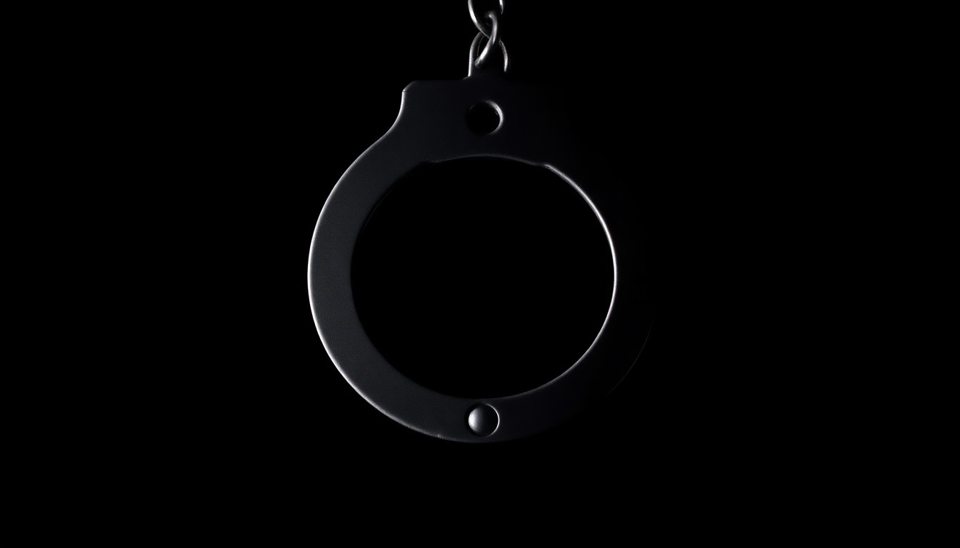 An extreme close-up of a police badge or handcuff, sharply lit by a direct flash against a dark background, conceptually representing the severity of a police use-of-force incident.