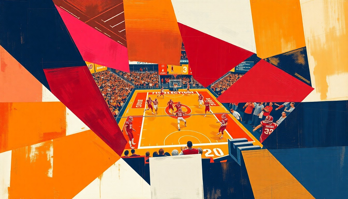 A fragmented, cubist-style painting depicting a college sports competition, with sharp geometric shapes in crimson, orange, and navy blue representing the dynamic changes impacting the industry.