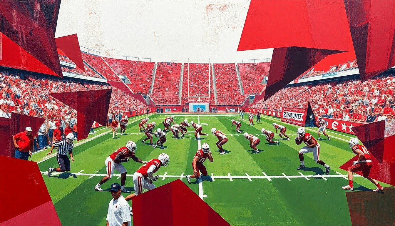 A fragmented, geometric painting in shades of maroon and white, capturing the dynamic movement and energy of a college football practice or scrimmage.