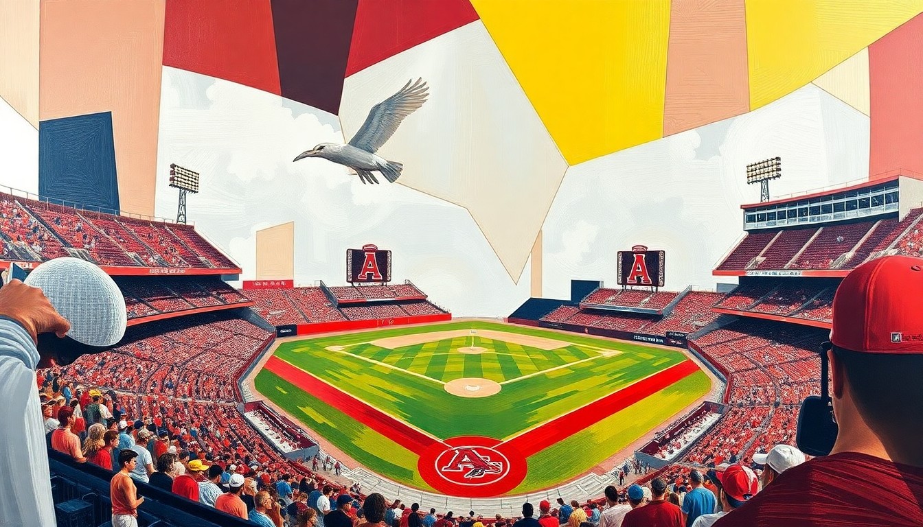 A cubist, geometric painting featuring sharp, overlapping planes of crimson, gold, cardinal red, and silver, capturing the dynamic energy and competition of a college baseball game.