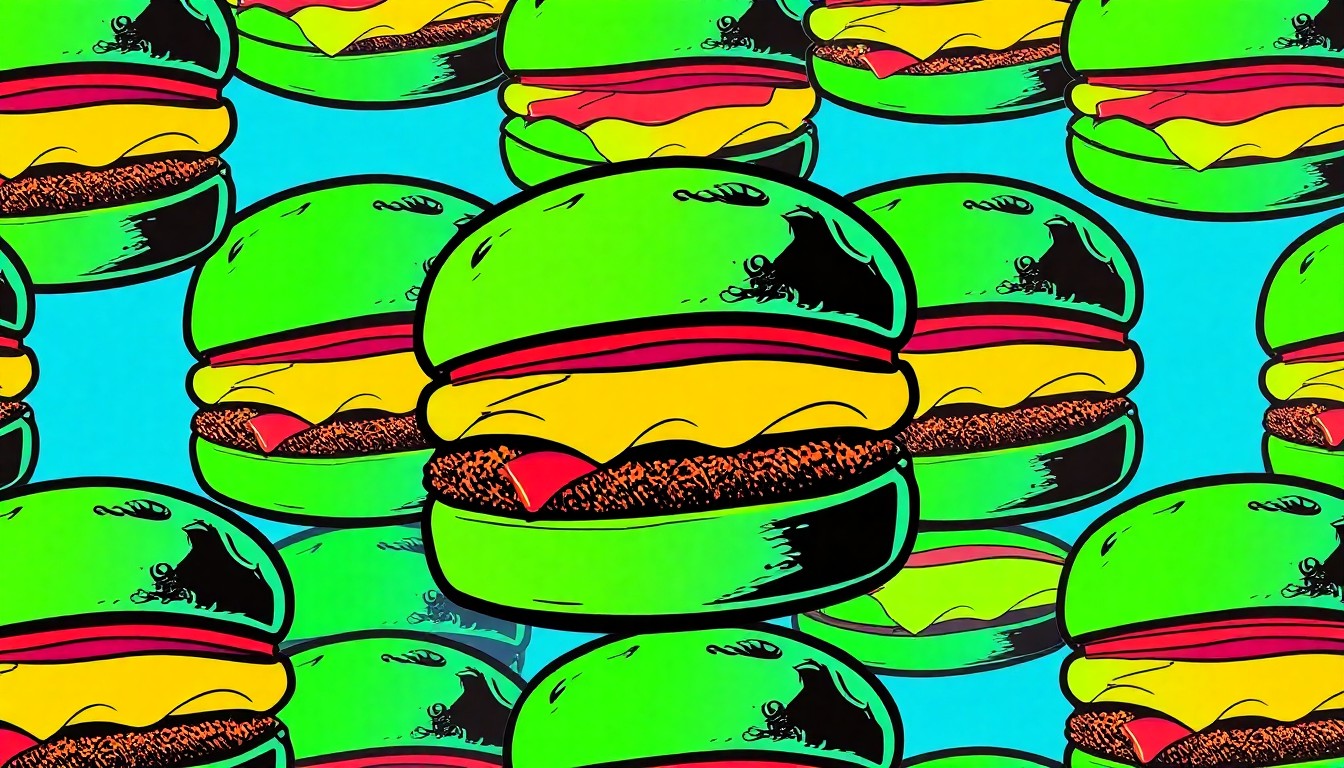 A bold, colorful silkscreen illustration featuring a repeated pattern of a juicy burger patty in vibrant shades of red, yellow, and blue, conceptually representing the energy and creativity of a statewide culinary competition.