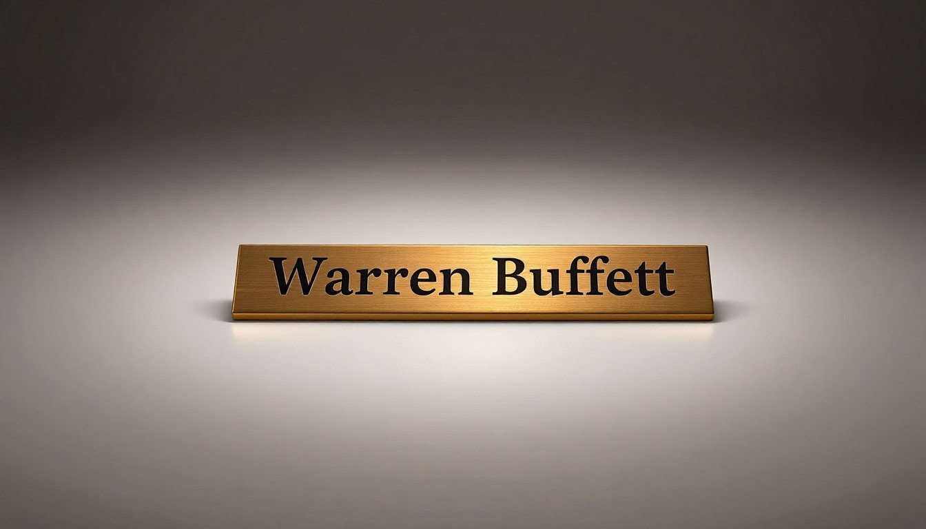 A close-up photograph of a polished brass desk nameplate with the engraved name 'Warren Buffett' resting on a clean, monochromatic background, symbolizing the investor's continued influence at the company he built.