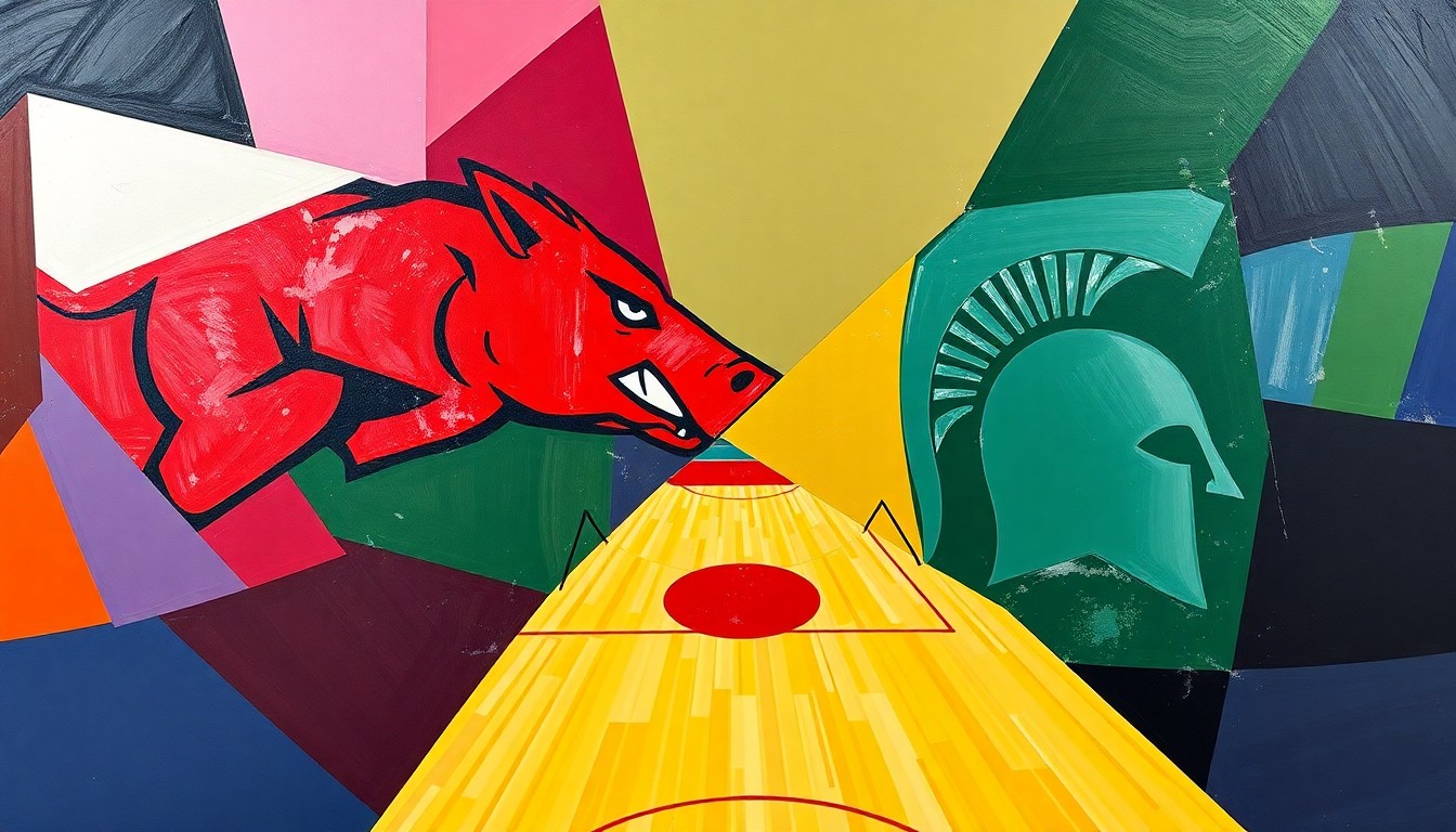 A fragmented, geometric painting in the style of Pablo Picasso, using the team colors of Arkansas and Michigan State to depict the dynamic action of a college basketball game.