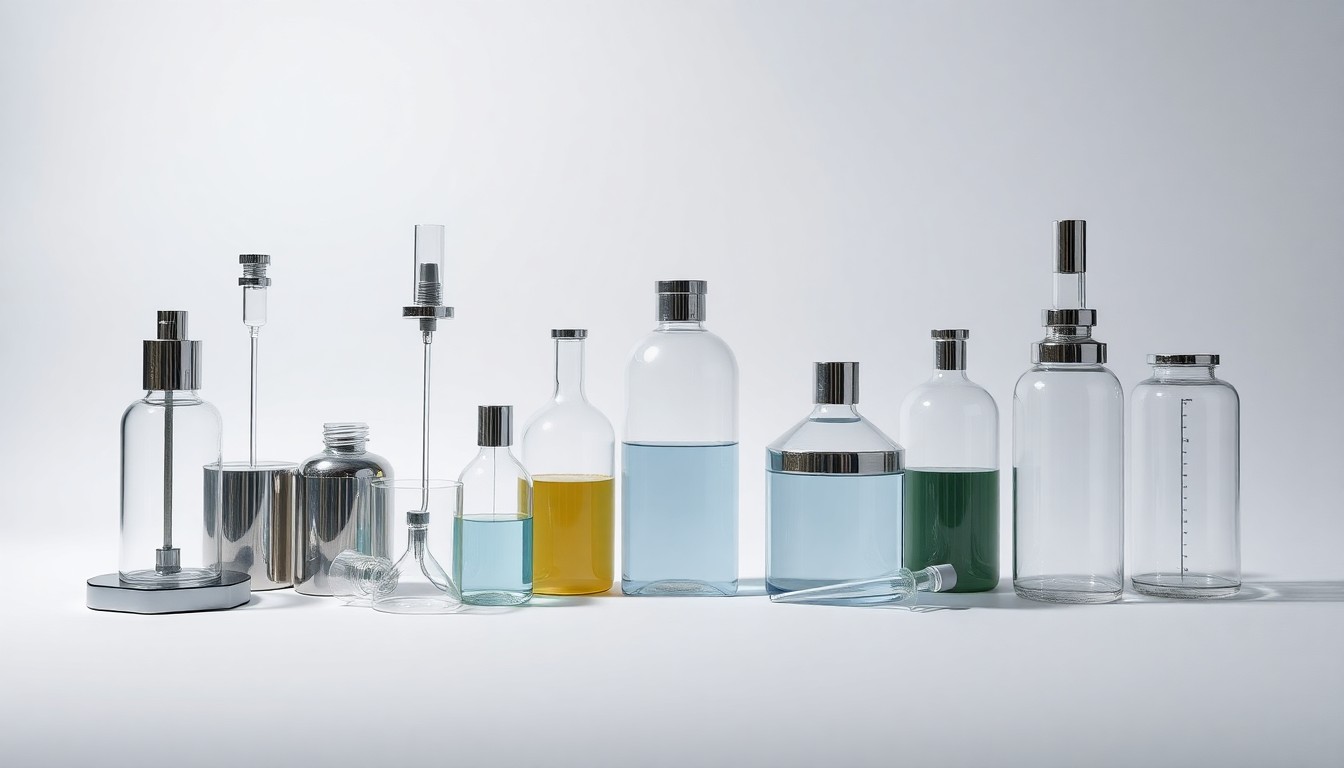 A high-end, photorealistic studio still-life photograph featuring a group of polished metal and glass laboratory equipment arranged elegantly on a clean, white seamless background, conceptually representing the precision and innovation of Syndax's cancer research.