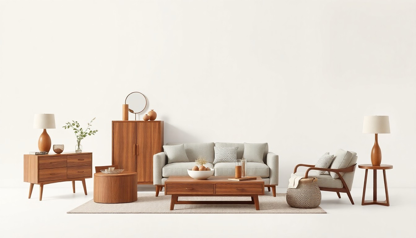 A high-end, photorealistic studio still-life photograph featuring a collection of premium, polished wooden furniture pieces and home decor accessories arranged elegantly on a clean, monochromatic seamless background, conceptually representing the heirloom-quality craftsmanship and timeless design aesthetic of the Arhaus brand.