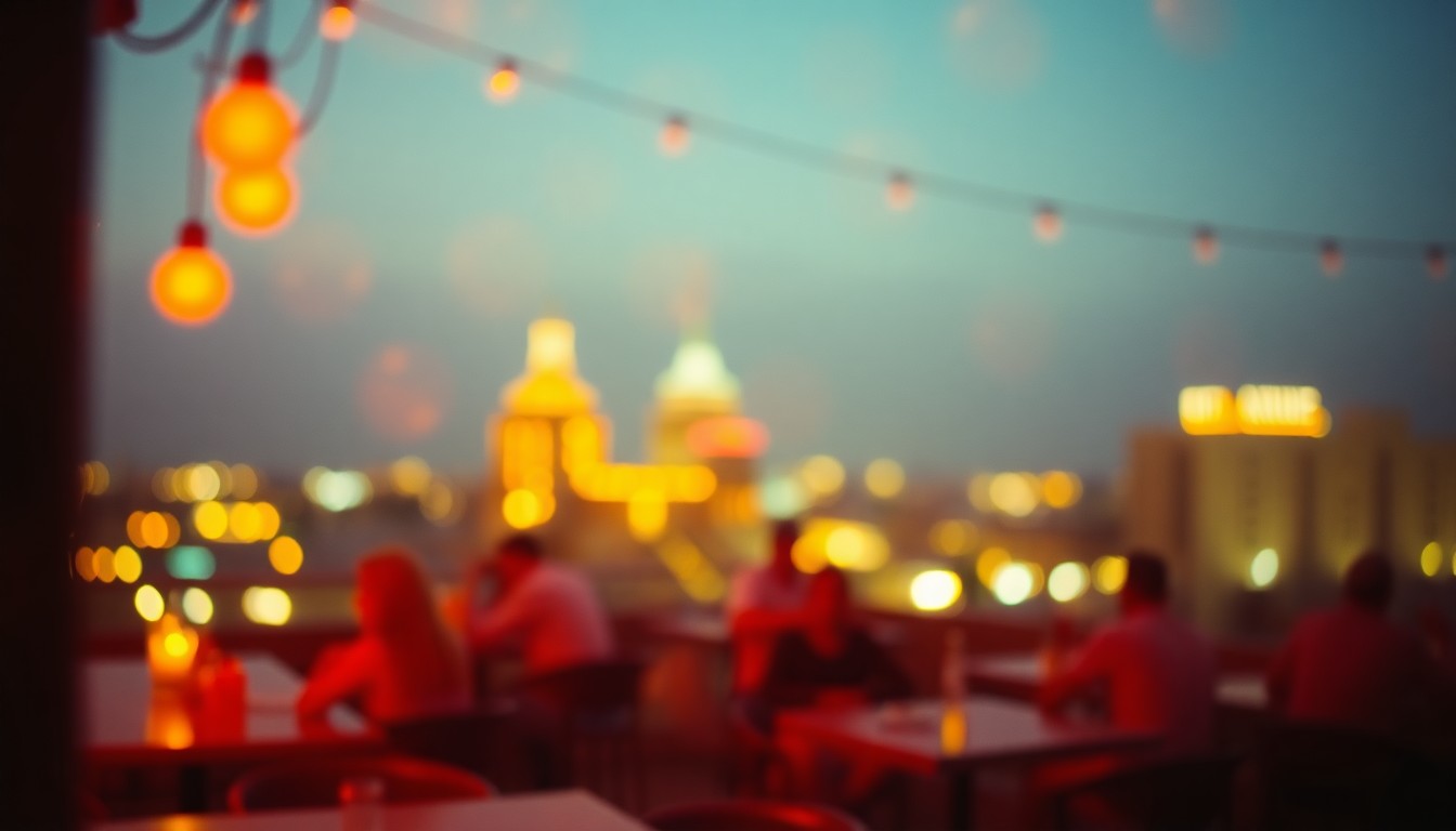 An abstract, out-of-focus photograph depicting the warm, hazy atmosphere of a rooftop bar, with blurred shapes and colors suggesting the presence of people, drinks, and a lively setting.