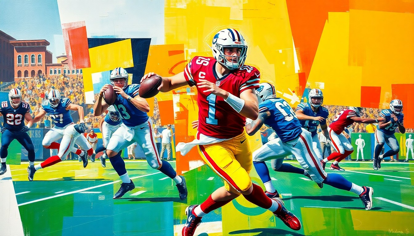 A fractured, cubist-style painting depicting a football player, likely Kyler Murray, in motion, with sharp, overlapping geometric shapes and planes representing his dynamic athleticism and playmaking ability.