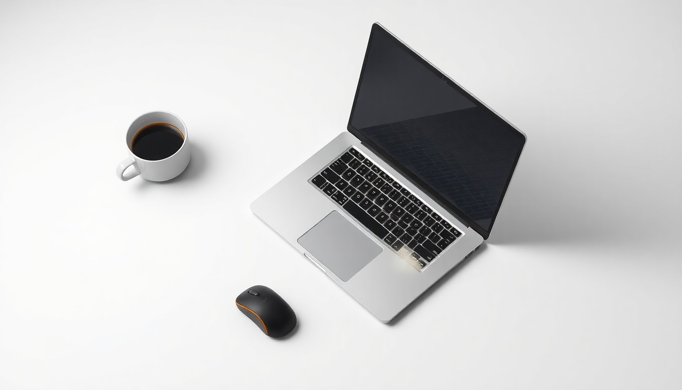 A photorealistic studio still-life image featuring a laptop, wireless mouse, and coffee cup arranged on a clean, minimalist background, conceptually representing the growth of remote work opportunities.