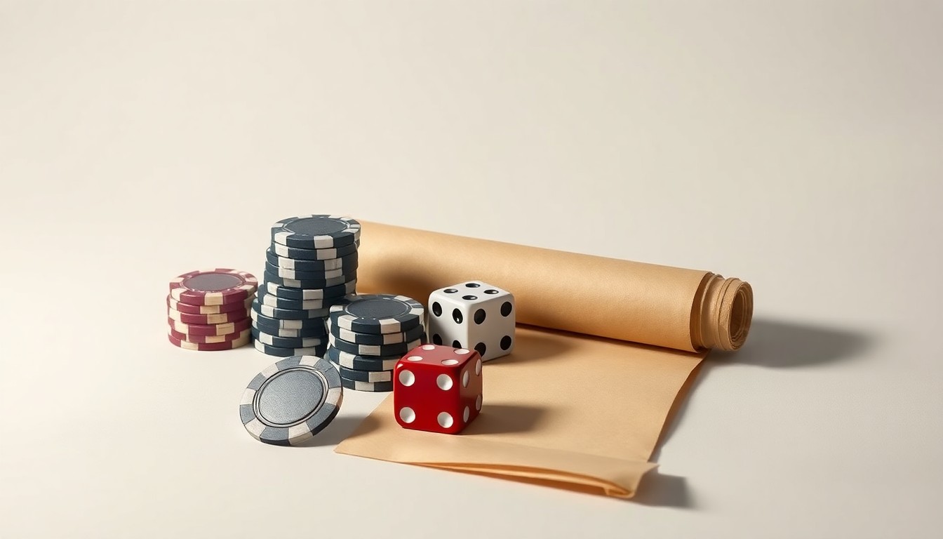 A high-end, photorealistic studio still-life photograph featuring a stack of casino chips, a pair of dice, and a rolled-up scroll, all arranged elegantly on a clean, monochromatic background. The objects use dramatic lighting and shadows to represent the abstract corporate strategy and legal battles surrounding the clash between tribal gambling and prediction markets.