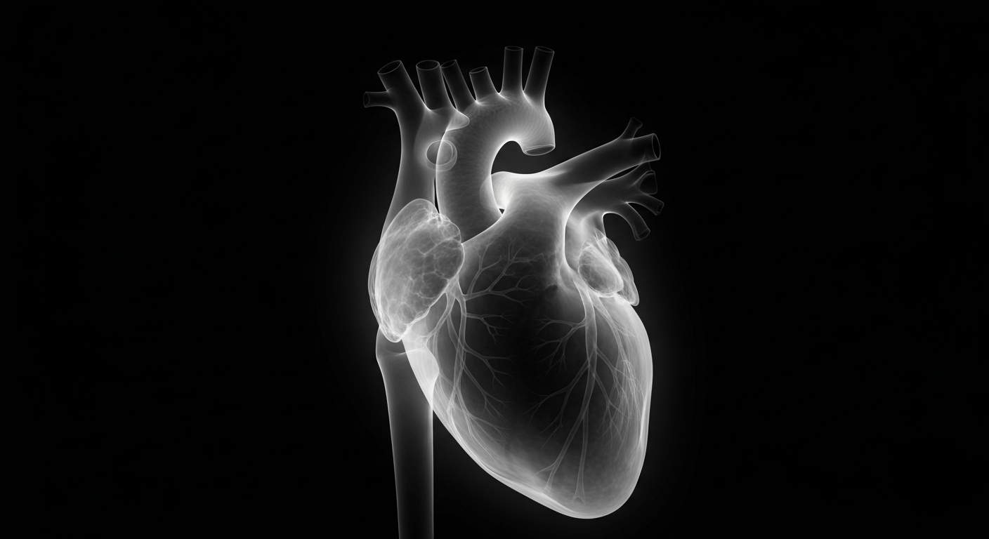 A highly detailed, translucent X-ray image showing the complex internal structure of a healthy human heart, glowing against a dark background and symbolizing the restorative power of community healthcare programs.