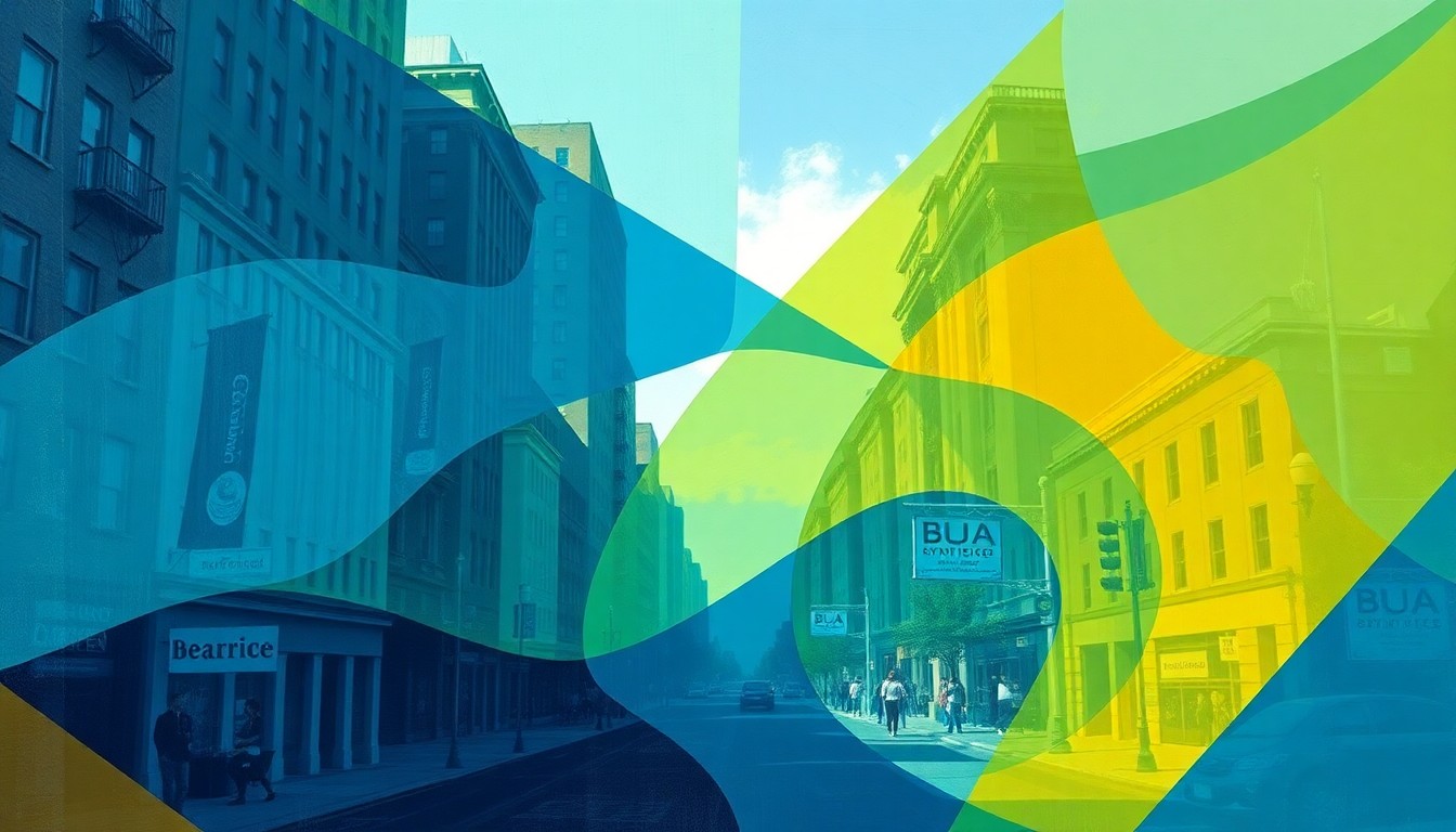 An abstract, fragmented painting in shades of blue, green, and yellow, depicting a city street scene with overlapping geometric shapes and brushstrokes, conveying a sense of dynamic change and competing priorities for the future of Beatrice.