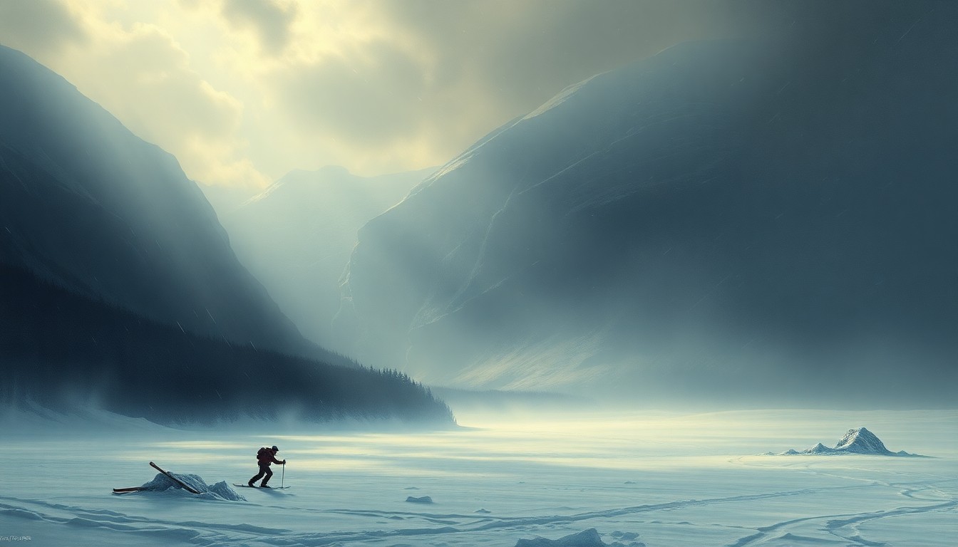 A vast, atmospheric landscape painting in muted tones of gray, white, and blue, with the faint silhouettes of skiers or debris barely visible against the overwhelming scale of a heavy snowstorm in the mountains.