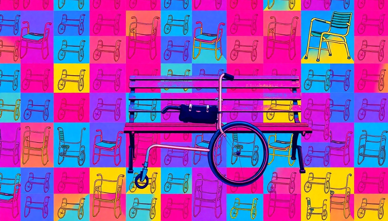 A high-contrast, silkscreen-style illustration of a senior living object such as a walker or park bench, repeated in a grid pattern with bold, neon-like colors, conceptually representing the community-driven approach of the Solimine House project.