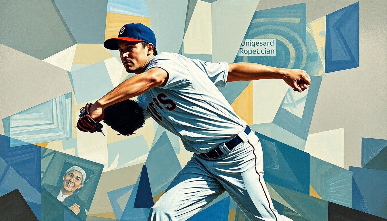 A fragmented, geometric painting depicting a baseball pitcher's throwing motion, with sharp, overlapping shapes and planes that deconstruct the action into an abstract, conceptual representation.