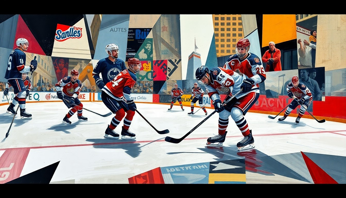 A fragmented, geometric painting depicting the chaotic energy of a hockey game, with players' forms broken down into abstract shapes and colors.