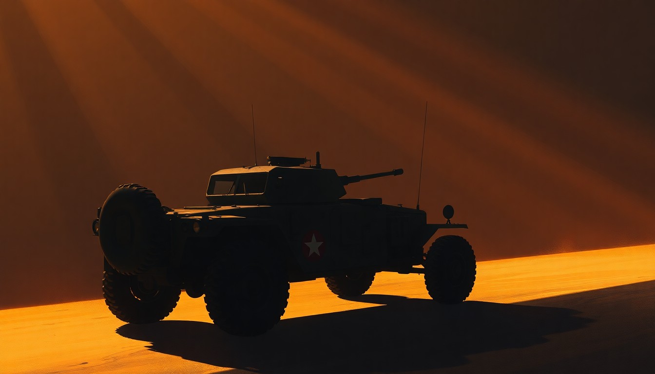 A photorealistic oil painting depicting the warm, moody lighting and solitary subject matter of an Edward Hopper work, but with a military vehicle or weapon as the central focus, conveying a sense of quiet contemplation about the nation's defense priorities.