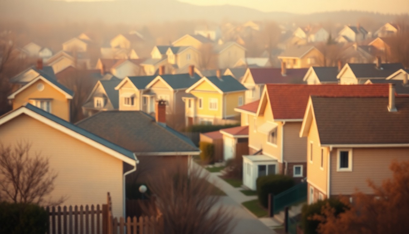 An abstract, impressionistic photograph showing the blurred outlines of houses in a residential neighborhood, with soft pools of warm light and color creating a nostalgic, dreamlike atmosphere that captures the aging yet vibrant nature of the region's housing.