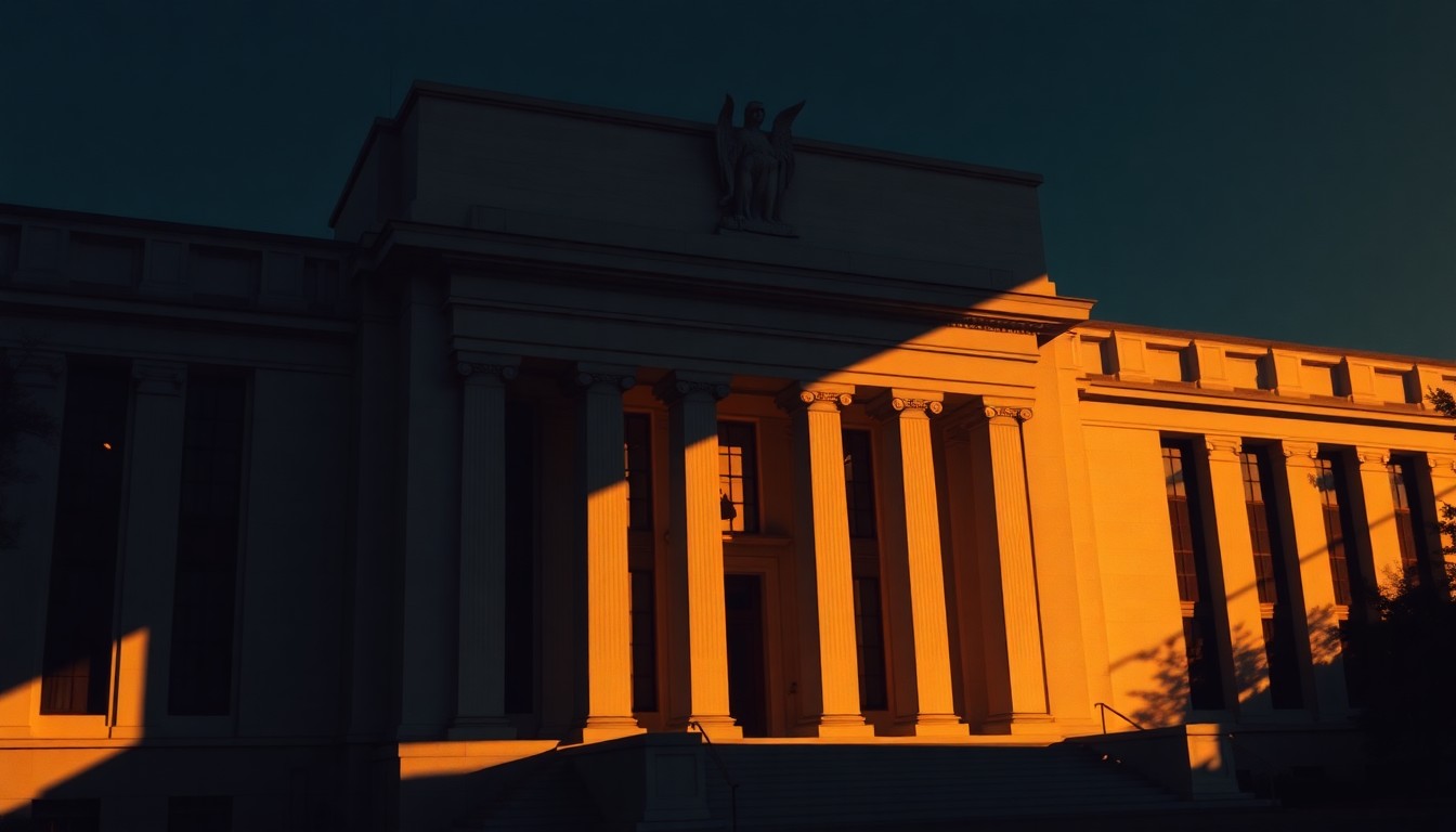 A photorealistic painting of the exterior of a government building with large windows and columns, the facade bathed in warm, golden light and deep shadows, conveying a sense of quiet contemplation and nostalgia.