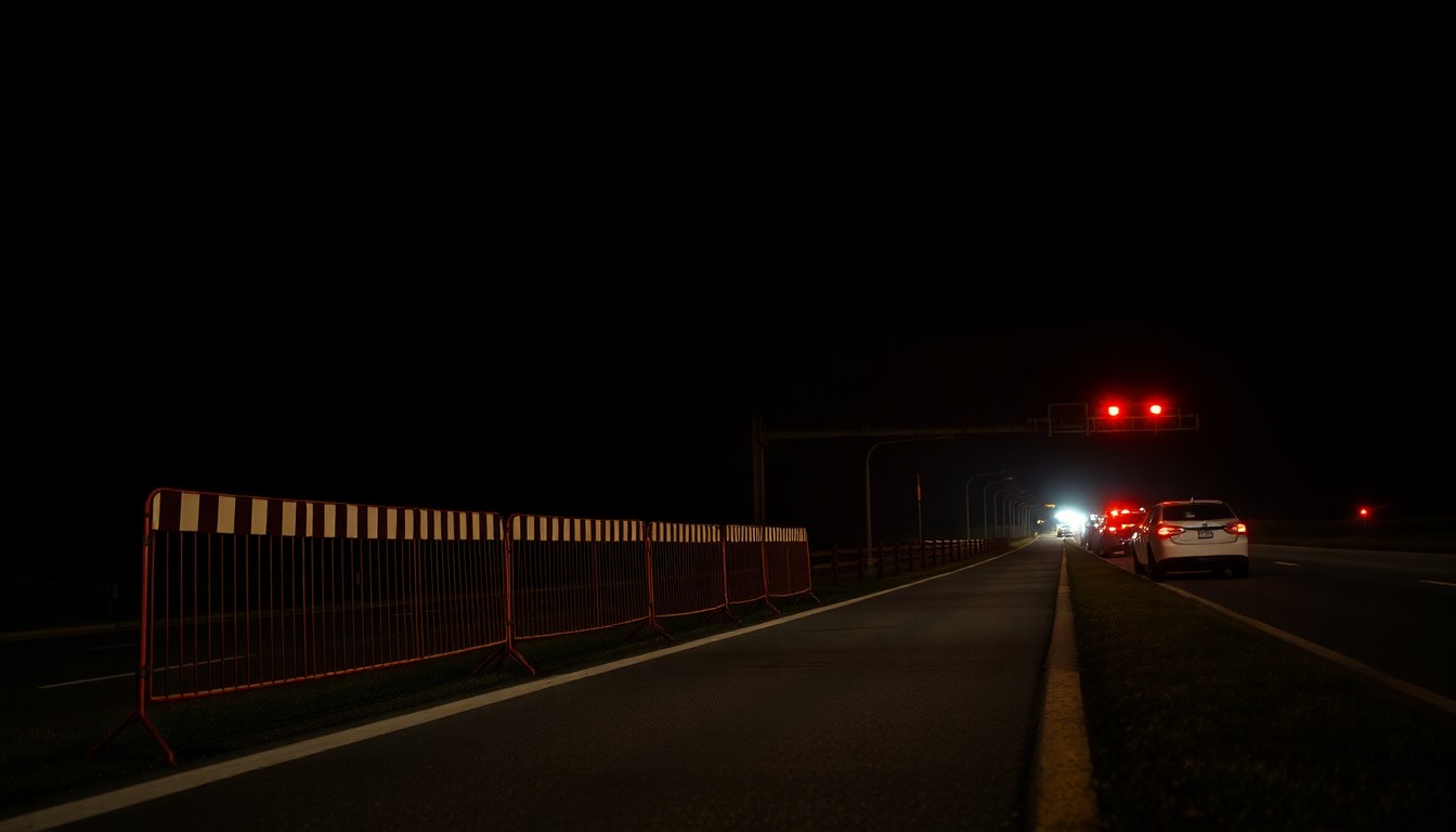 An extreme close-up photograph of police barricades and flashing emergency lights on the shoulder of a dark interstate highway, conceptually illustrating the sudden closure of a major transportation artery.