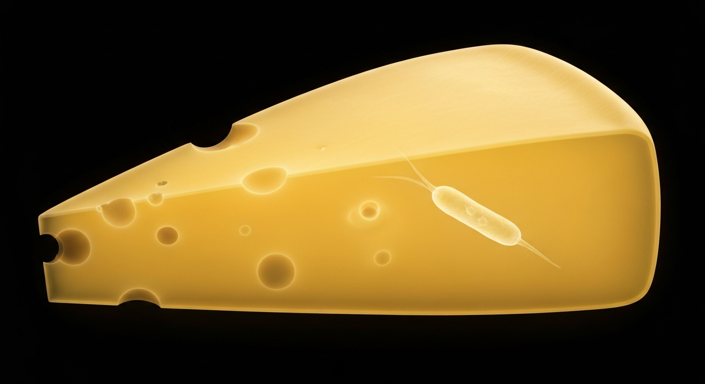 A ghostly, translucent X-ray image revealing the internal structure of a wedge of cheddar cheese, with a faint outline of an E. coli bacterium visible within the dairy product.