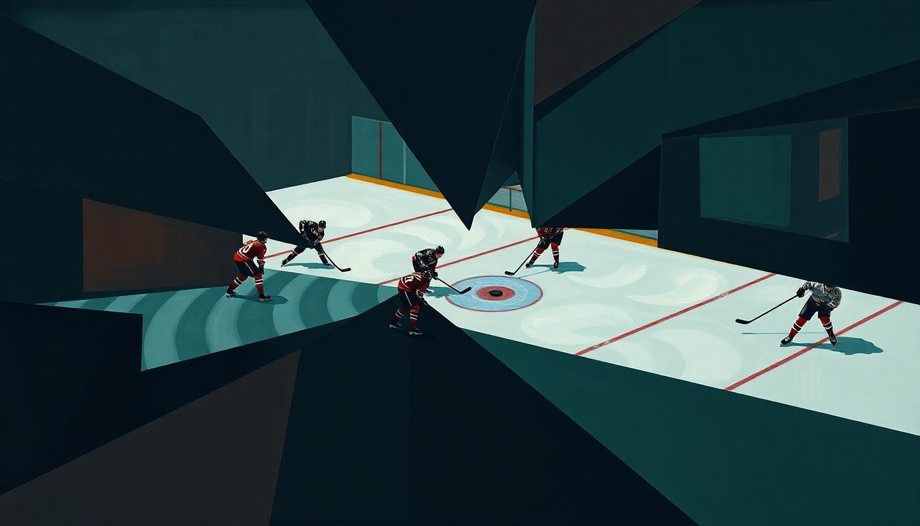 A cubist, geometric painting depicting the chaotic action of a Blackhawks penalty kill, with fragmented shapes and overlapping planes of players, sticks, and the puck in muted tones of navy, forest green, and maroon.