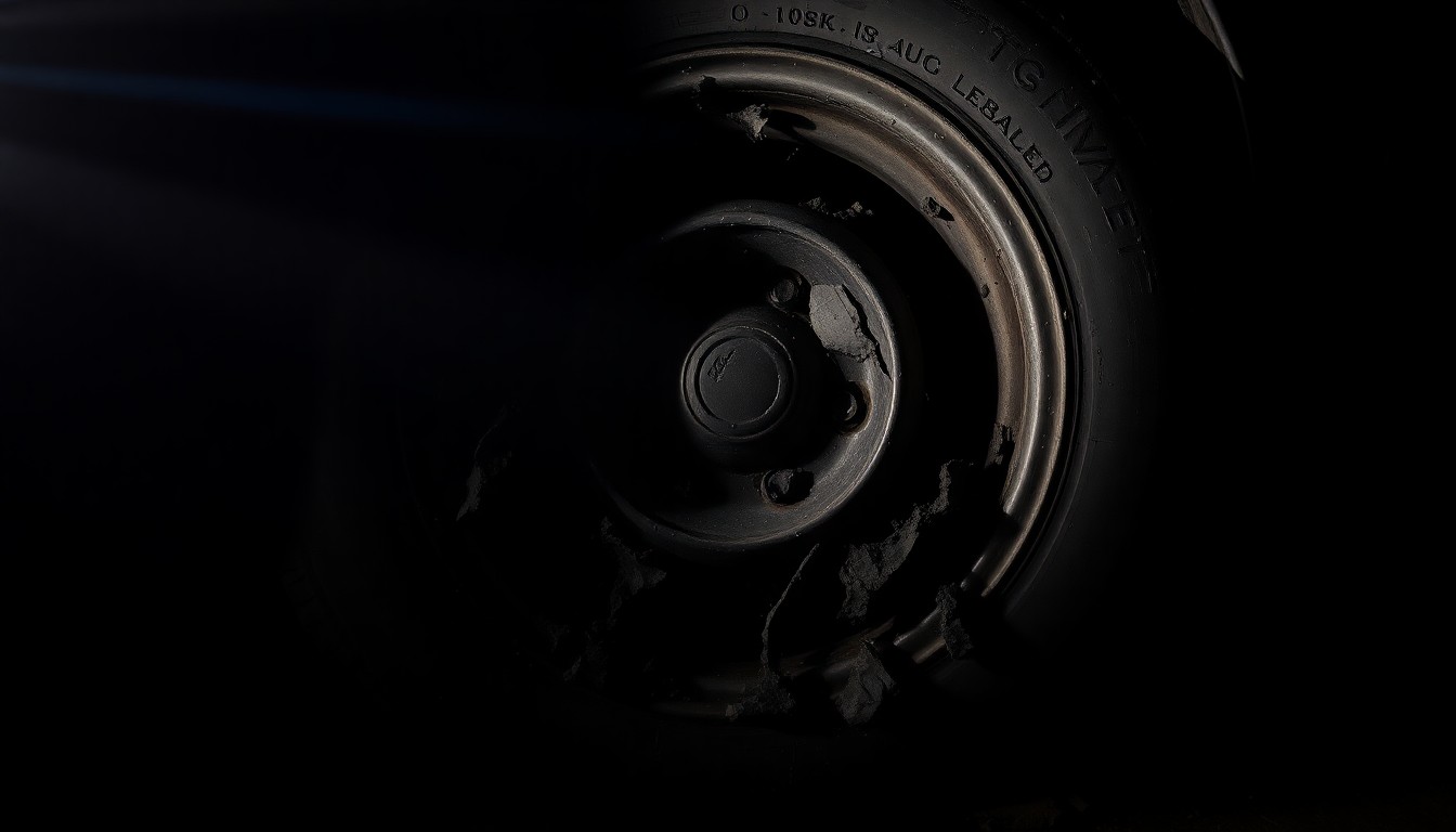 An extreme close-up photograph of a damaged car tire against a pitch-black background, lit by a harsh, direct camera flash, conceptually representing the vandalism and property damage caused by juvenile offenders.