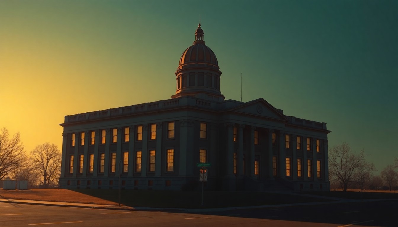 A serene, photorealistic painting of a North Dakota state capitol building in warm, golden light, conveying a sense of civic contemplation and the importance of informed voting.