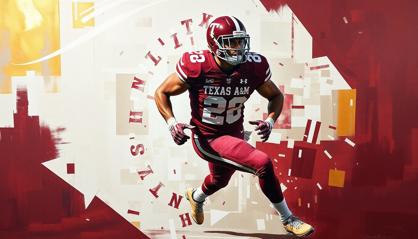 A fragmented, geometric painting depicting a Texas A&M football player in motion, with sharp, overlapping planes of maroon, white, and metallic gold conveying the energy and potential of the young athlete.