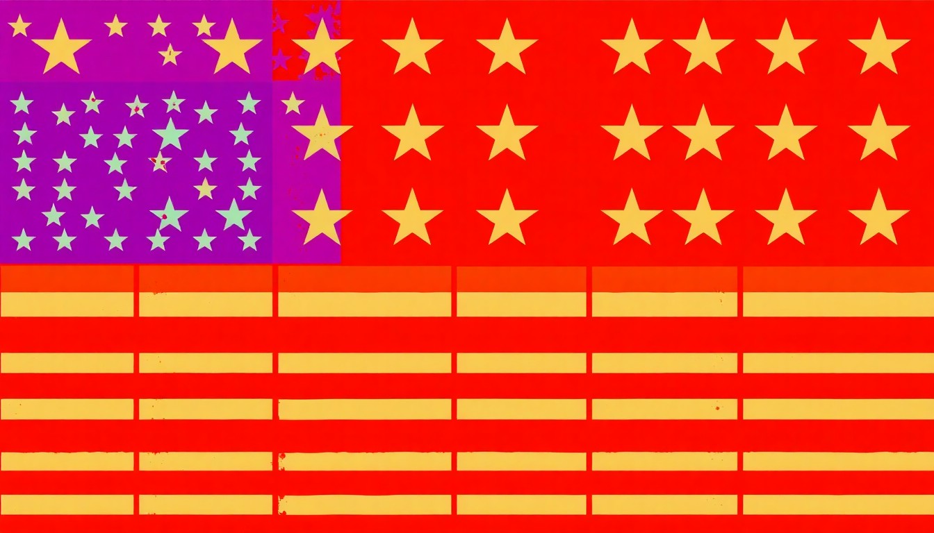 A brightly colored, high-contrast silkscreen print featuring an iconic American flag motif repeated in a tight grid pattern, utilizing flat, vibrant neon color palettes and heavy black outlines to transform the classic patriotic symbol into a modern pop art composition.