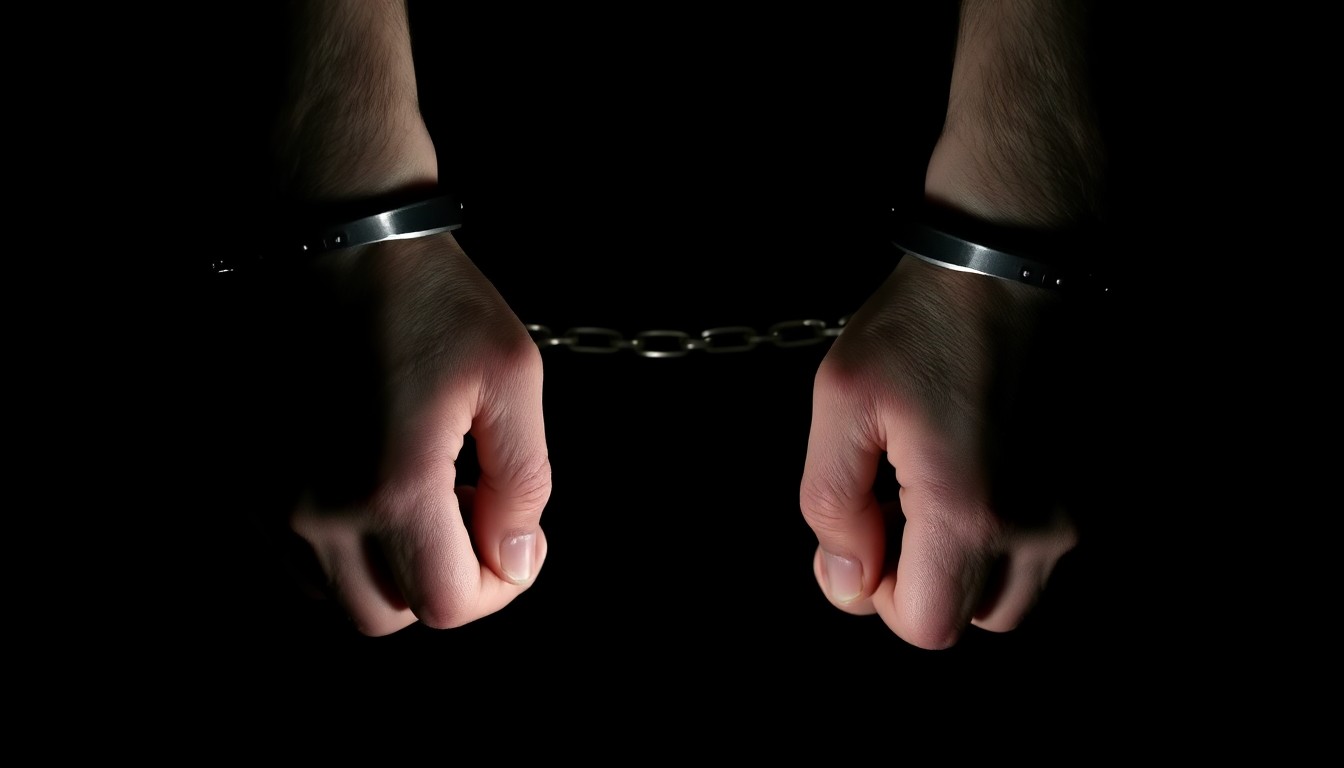 An extreme close-up photograph of a pair of handcuffed wrists against a pitch-black background, lit by a harsh, direct camera flash, creating a stark, gritty, and investigative aesthetic.