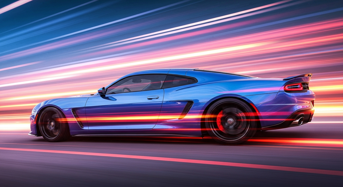 An abstract, blurred image of a Dodge sports car in motion, with streaks of vibrant color and dynamic energy conveying the thrill of high-performance driving.