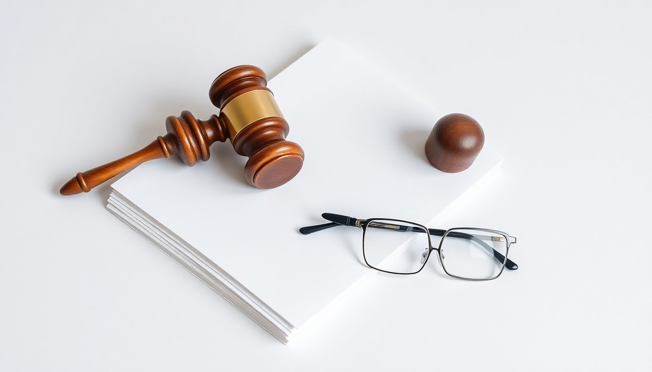 A minimalist studio still life photograph featuring a stack of legal documents, a gavel, and a pair of reading glasses arranged elegantly on a clean, monochromatic background, conceptually representing the abstract concepts of corporate strategy, finance, risk, and markets in the legal industry.