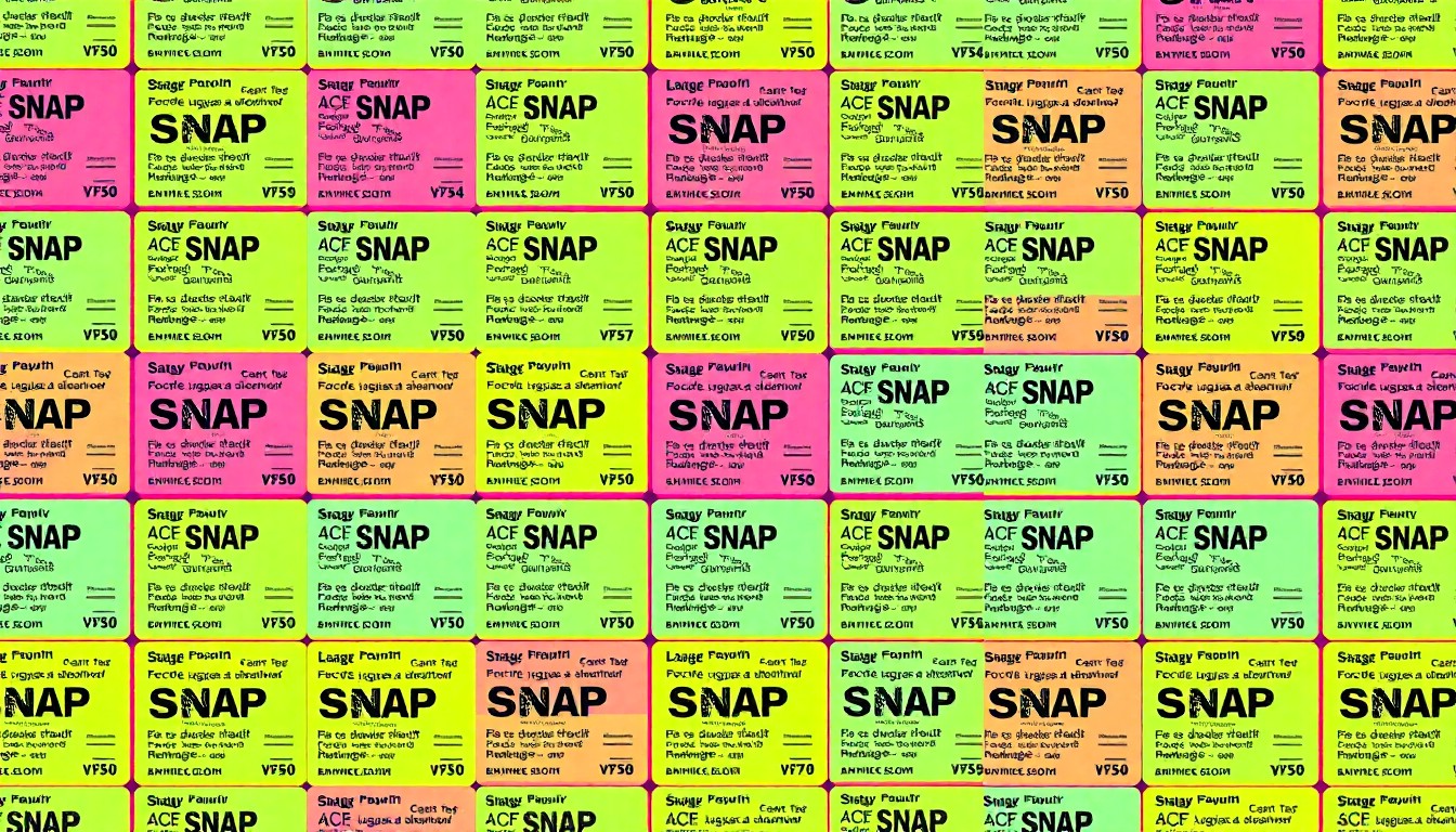 A brightly colored, high-contrast silkscreen print of a SNAP food assistance card repeated in a tight grid pattern, conceptually representing the mandatory employment training program for SNAP recipients in Arkansas.