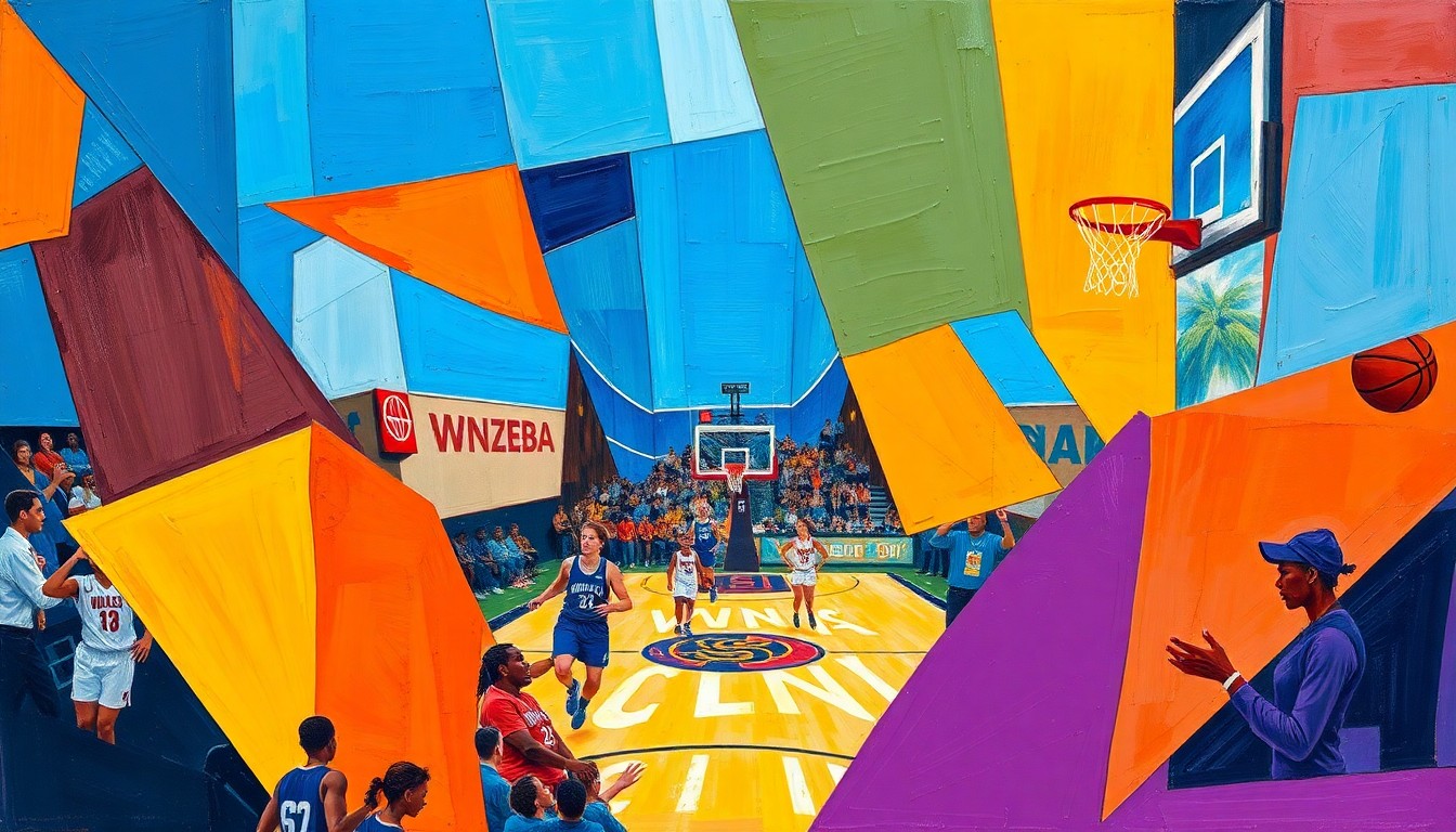 A cubist, geometric painting depicting a WNBA basketball game in motion, with players and the court fragmented into sharp, overlapping shapes and planes in a vibrant color palette.