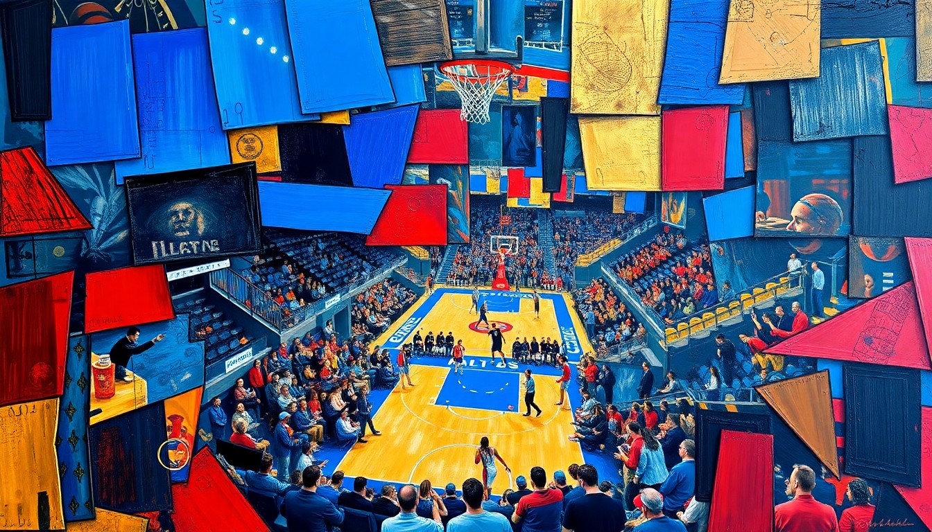 A cubist, geometric painting featuring overlapping planes of vibrant blue, red, and gold colors, conceptually representing the excitement and anticipation around a new professional basketball team coming to Las Vegas.